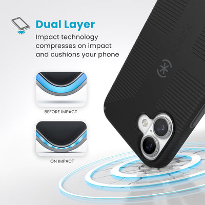 A corner of the case impacts the ground - a diagram shows interior cushion of phone before impact and on impact. Text reads Dual Layer: Impact technology compresses on impact and cushions your phone#color_black-slate-grey