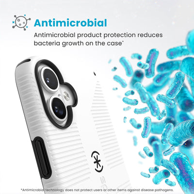 Bacteria is shown around phone case but not on it. Text reads Antimicrobial: Antimicrobial product protection reduces bacteria growth on the case (Antimicrobial technology does not protect users or other items against disease pathogens)#color_white-black