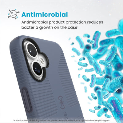 Bacteria is shown around phone case but not on it. Text reads Antimicrobial: Antimicrobial product protection reduces bacteria growth on the case (Antimicrobial technology does not protect users or other items against disease pathogens)#color_mystery-blue-faded-denim