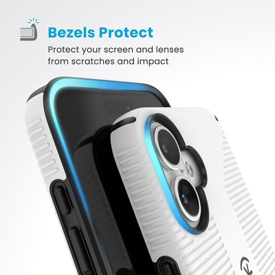 Raised bezels around phone screen and camera are highlighted. Text reads Bezels Protect: Protect your screen and lenses from scratches and impact#color_white-black