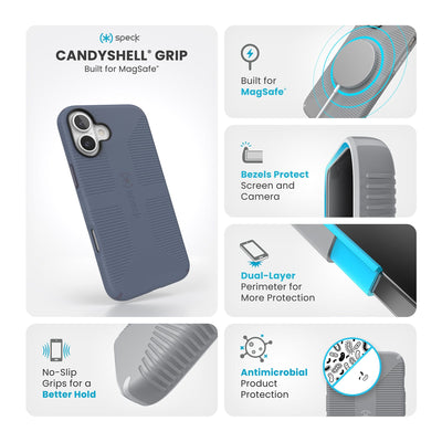 Various close-ups of case are shown. Text reads Speck CandyShell Grip MagSafe: No-slip grips for a better hold, built for MagSafe, bezels protect screen and camera, dual-layer perimeter for more protection, antimicrobial product protection#color_mystery-blue-faded-denim