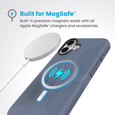 A MagSafe charger hovers over the back of the phone case. Text reads Built for MagSafe: Built-in precision magnets works with all Apple MagSafe chargers and accessories#color_mystery-blue-faded-denim