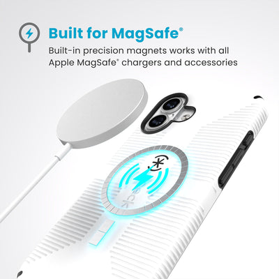 A MagSafe charger hovers over the back of the phone case. Text reads Built for MagSafe: Built-in precision magnets works with all Apple MagSafe chargers and accessories#color_white-black