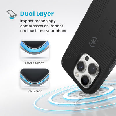 A corner of the case impacts the ground - a diagram shows interior cushion of phone before impact and on impact. Text reads Dual Layer: Impact technology compresses on impact and cushions your phone#color_black-slate-grey