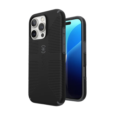 Three-quarter view of back of phone case with phone inside shown over top of front view of phone case with phone inside#color_black-slate-grey