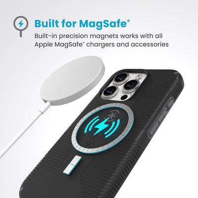 A MagSafe charger hovers over the back of the phone case. Text reads Built for MagSafe: Built-in precision magnets works with all Apple MagSafe chargers and accessories#color_black-slate-grey