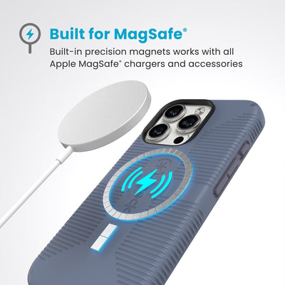 A MagSafe charger hovers over the back of the phone case. Text reads Built for MagSafe: Built-in precision magnets works with all Apple MagSafe chargers and accessories#color_mystery-blue-faded-denim