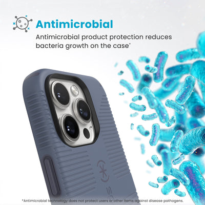 Bacteria is shown around phone case but not on it. Text reads Antimicrobial: Antimicrobial product protection reduces bacteria growth on the case (Antimicrobial technology does not protect users or other items against disease pathogens)#color_mystery-blue-faded-denim