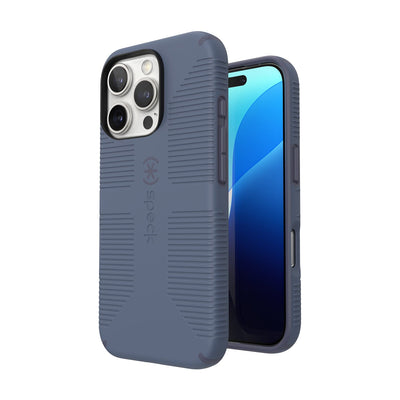 Three-quarter view of back of phone case with phone inside shown over top of front view of phone case with phone inside#color_mystery-blue-faded-denim