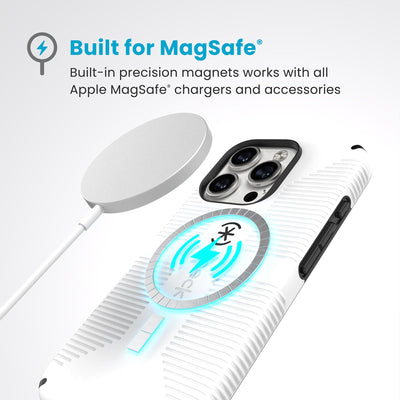 A MagSafe charger hovers over the back of the phone case. Text reads Built for MagSafe: Built-in precision magnets works with all Apple MagSafe chargers and accessories#color_white-black