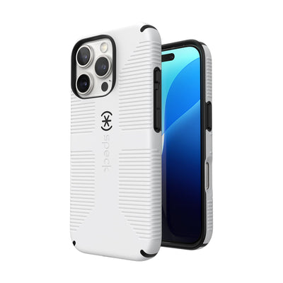 Three-quarter view of back of phone case with phone inside shown over top of front view of phone case with phone inside#color_white-black