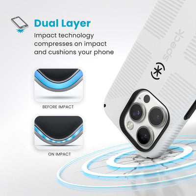 A corner of the case impacts the ground - a diagram shows interior cushion of phone before impact and on impact. Text reads Dual Layer: Impact technology compresses on impact and cushions your phone#color_white-black