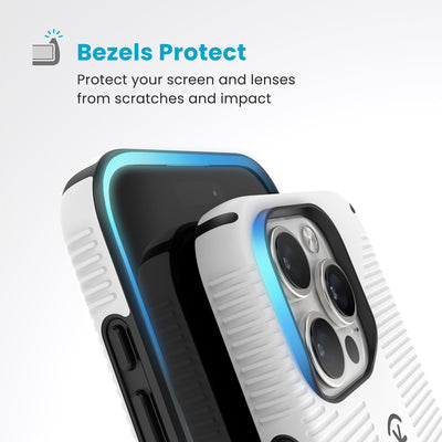 Raised bezels around phone screen and camera are highlighted. Text reads Bezels Protect: Protect your screen and lenses from scratches and impact#color_white-black