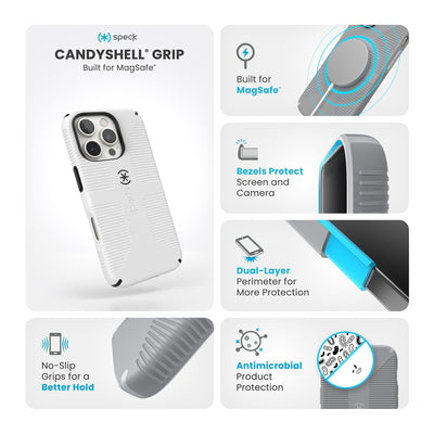 Various close-ups of case are shown. Text reads Speck CandyShell Grip MagSafe: No-slip grips for a better hold, built for MagSafe, bezels protect screen and camera, dual-layer perimeter for more protection, antimicrobial product protection#color_white-black