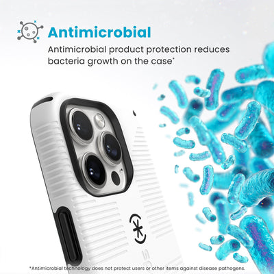 Bacteria is shown around phone case but not on it. Text reads Antimicrobial: Antimicrobial product protection reduces bacteria growth on the case (Antimicrobial technology does not protect users or other items against disease pathogens)#color_white-black