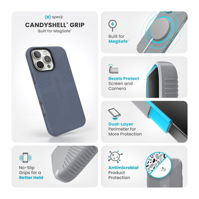 Various close-ups of case are shown. Text reads Speck CandyShell Grip MagSafe: No-slip grips for a better hold, built for MagSafe, bezels protect screen and camera, dual-layer perimeter for more protection, antimicrobial product protection#color_mystery-blue-faded-denim