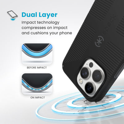 A corner of the case impacts the ground - a diagram shows interior cushion of phone before impact and on impact. Text reads Dual Layer: Impact technology compresses on impact and cushions your phone#color_black-slate-grey