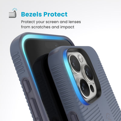 Raised bezels around phone screen and camera are highlighted. Text reads Bezels Protect: Protect your screen and lenses from scratches and impact#color_mystery-blue-faded-denim