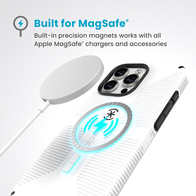 A MagSafe charger hovers over the back of the phone case. Text reads Built for MagSafe: Built-in precision magnets works with all Apple MagSafe chargers and accessories#color_white-black