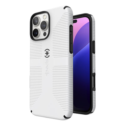 Three-quarter view of back of phone case with phone inside shown over top of front view of phone case with phone inside#color_white-black