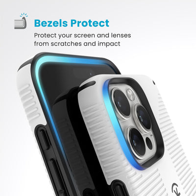 Raised bezels around phone screen and camera are highlighted. Text reads Bezels Protect: Protect your screen and lenses from scratches and impact#color_white-black