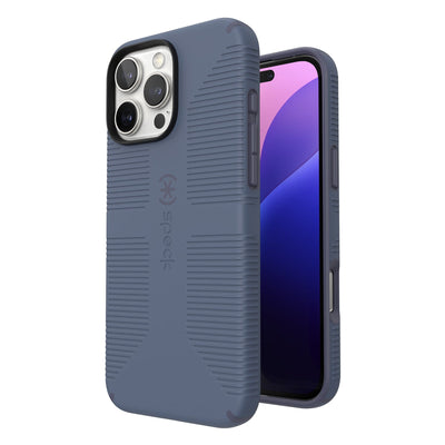 Three-quarter view of back of phone case with phone inside shown over top of front view of phone case with phone inside#color_mystery-blue-faded-denim