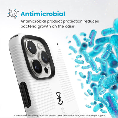 Bacteria is shown around phone case but not on it. Text reads Antimicrobial: Antimicrobial product protection reduces bacteria growth on the case (Antimicrobial technology does not protect users or other items against disease pathogens)#color_white-black