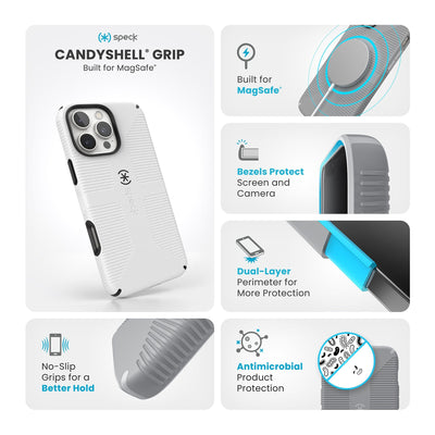 Various close-ups of case are shown. Text reads Speck CandyShell Grip MagSafe: No-slip grips for a better hold, built for MagSafe, bezels protect screen and camera, dual-layer perimeter for more protection, antimicrobial product protection#color_white-black