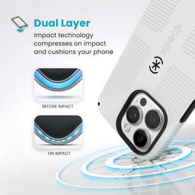 A corner of the case impacts the ground - a diagram shows interior cushion of phone before impact and on impact. Text reads Dual Layer: Impact technology compresses on impact and cushions your phone#color_white-black