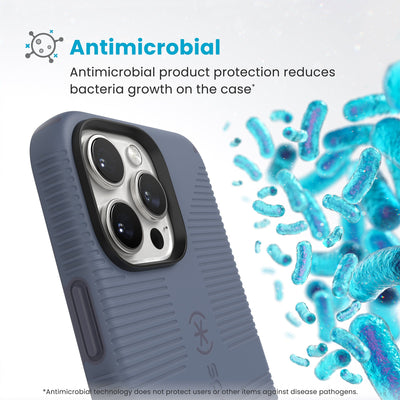 Bacteria is shown around phone case but not on it. Text reads Antimicrobial: Antimicrobial product protection reduces bacteria growth on the case (Antimicrobial technology does not protect users or other items against disease pathogens)#color_mystery-blue-faded-denim