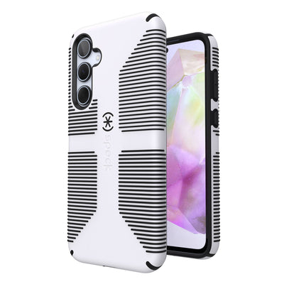 Three-quarter view of back of phone case simultaneously shown with three-quarter front view of phone case#color_white-black
