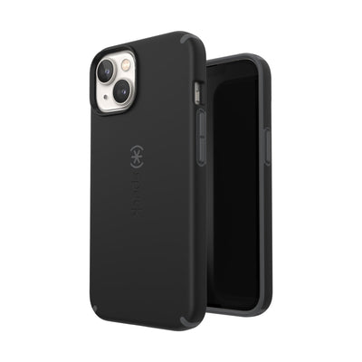 Three-quarter view of back of phone case simultaneously shown with three-quarter front view of phone case#color_black-slate-grey