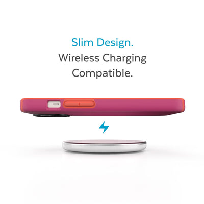 Side view of phone case hovering above a wireless charger - Slim design. Wireless charging compatible.#color_digital-pink-energy-red