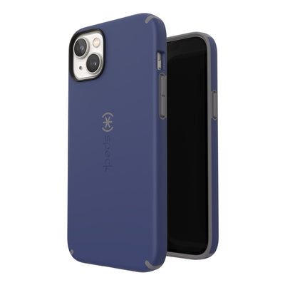 Three-quarter view of back of phone case simultaneously shown with three-quarter front view of phone case#color_prussian-blue-cloudy-grey