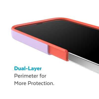 Cutaway view of case showing interior and exterior layers - Dual layer perimeter for more protection.#color_spring-purple-energy-red