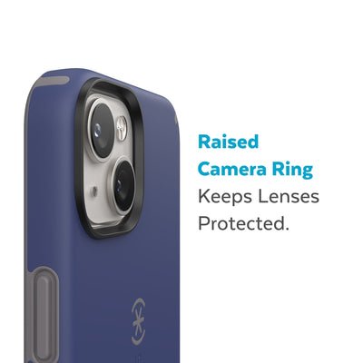 Slightly tilted view of side of phone case showing phone cameras - Raised camera ring keeps lenses protected.#color_prussian-blue-cloudy-grey