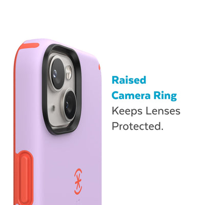 Slightly tilted view of side of phone case showing phone cameras - Raised camera ring keeps lenses protected.#color_spring-purple-energy-red