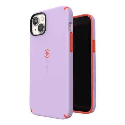 Three-quarter view of back of phone case simultaneously shown with three-quarter front view of phone case#color_spring-purple-energy-red