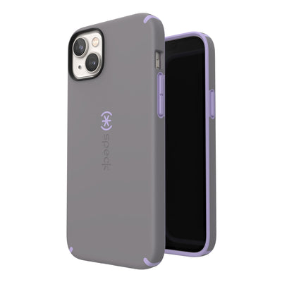 Three-quarter view of back of phone case simultaneously shown with three-quarter front view of phone case#color_cloudy-grey-spring-purple