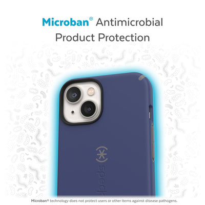 Back view of phone case with halo protecting it from bacteria - Microban antimicrobial product protection.#color_prussian-blue-cloudy-grey