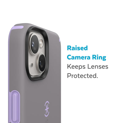 Slightly tilted view of side of phone case showing phone cameras - Raised camera ring keeps lenses protected.#color_cloudy-grey-spring-purple