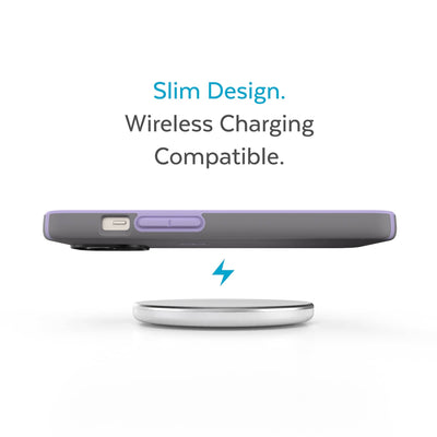 Side view of phone case hovering above a wireless charger - Slim design. Wireless charging compatible.#color_cloudy-grey-spring-purple