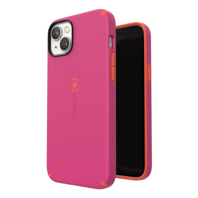 Three-quarter view of back of phone case simultaneously shown with three-quarter front view of phone case#color_digital-pink-energy-red