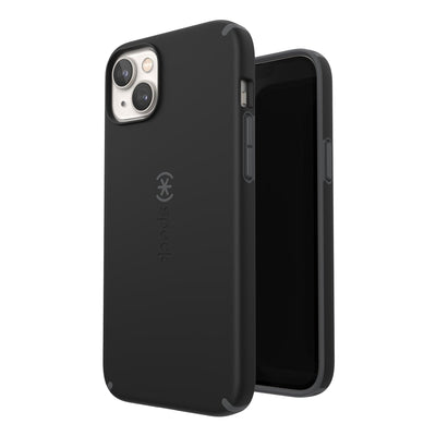 Three-quarter view of back of phone case simultaneously shown with three-quarter front view of phone case#color_black-slate-grey