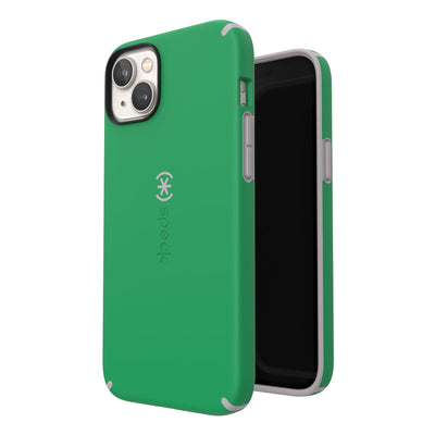 Three-quarter view of back of phone case simultaneously shown with three-quarter front view of phone case#color_renew-green-sweater-grey