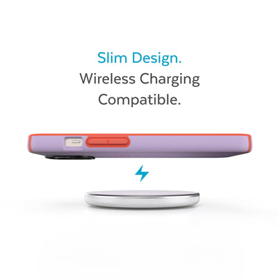 Side view of phone case hovering above a wireless charger - Slim design. Wireless charging compatible.#color_spring-purple-energy-red