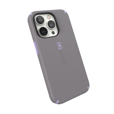 Tilted three-quarter angled view of back of phone case#color_cloudy-grey-spring-purple