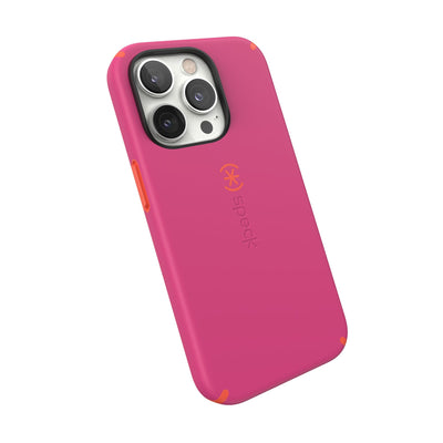 Tilted three-quarter angled view of back of phone case#color_digital-pink-energy-red