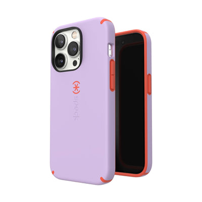 Three-quarter view of back of phone case simultaneously shown with three-quarter front view of phone case#color_spring-purple-energy-red