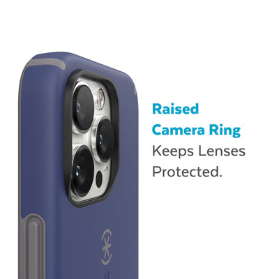 Slightly tilted view of side of phone case showing phone cameras - Raised camera ring keeps lenses protected.#color_prussian-blue-cloudy-grey